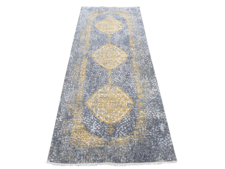 3'2" x 10'0" New Hand Knotted Grey Wool & Silk Runner Oriental Rug - MOA10278052