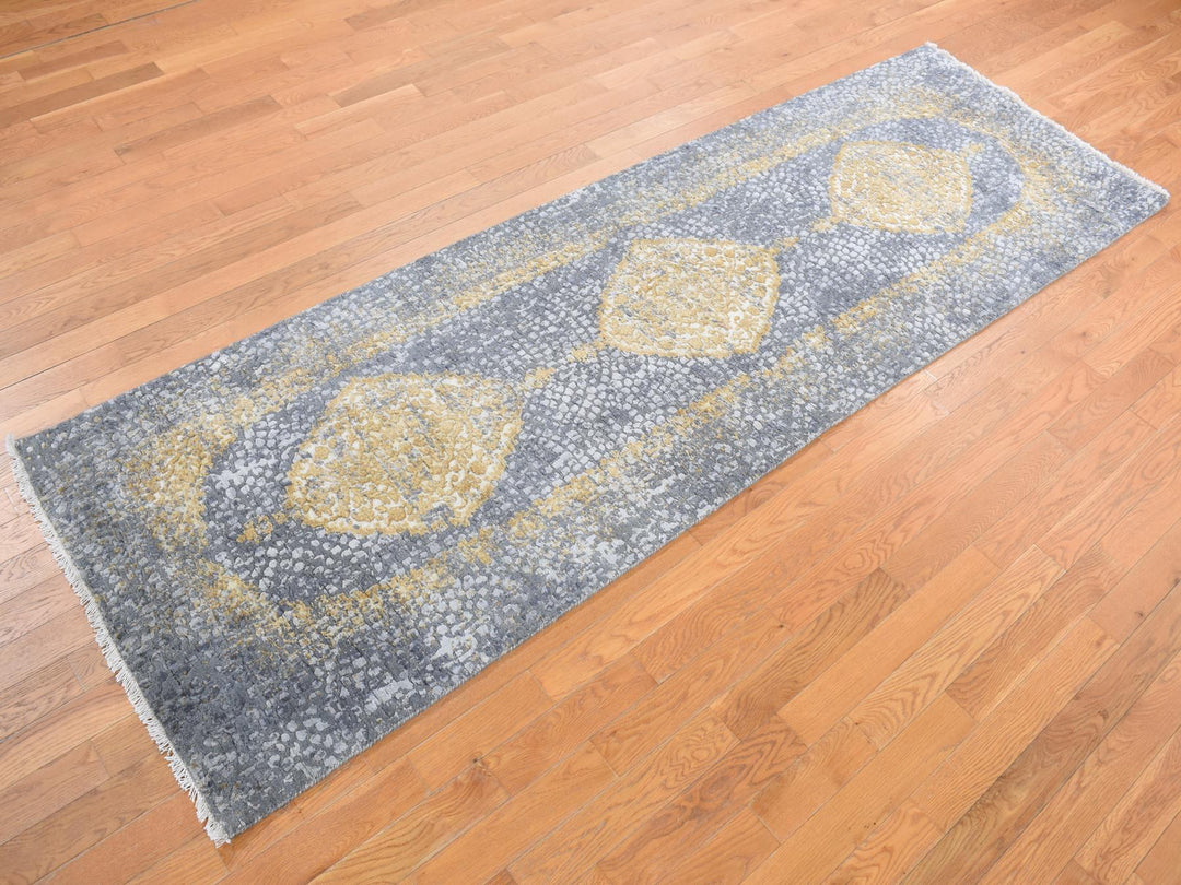 3'2" x 10'0" New Hand Knotted Grey Wool & Silk Runner Oriental Rug - MOA10278052