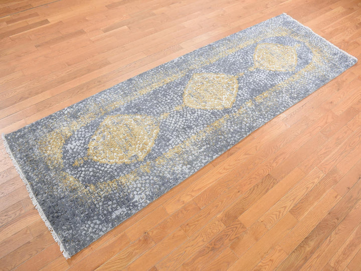 3'2" x 10'0" New Hand Knotted Grey Wool & Silk Runner Oriental Rug - MOA10278052