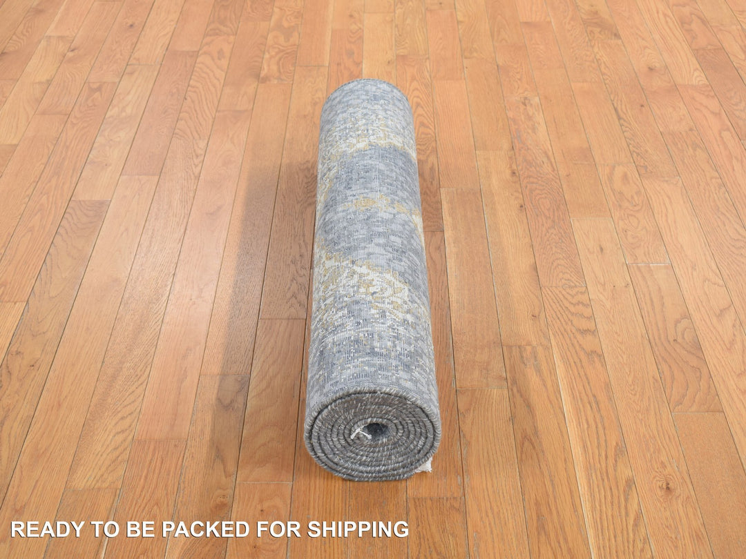 3'2" x 10'0" New Hand Knotted Grey Wool & Silk Runner Oriental Rug - MOA10278052