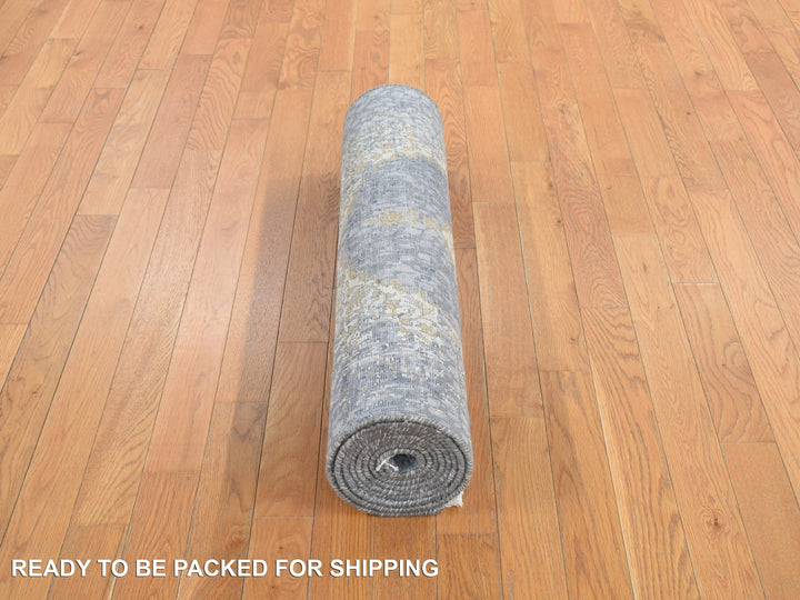 3'2" x 10'0" New Hand Knotted Grey Wool & Silk Runner Oriental Rug - MOA10278052