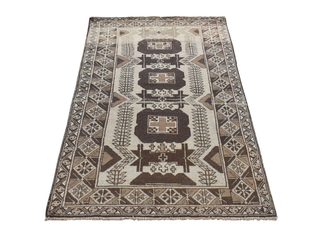 3'2" x 6'1" Vintage Hand Knotted Brown Wool Runner Oriental Rug - MOA10278054