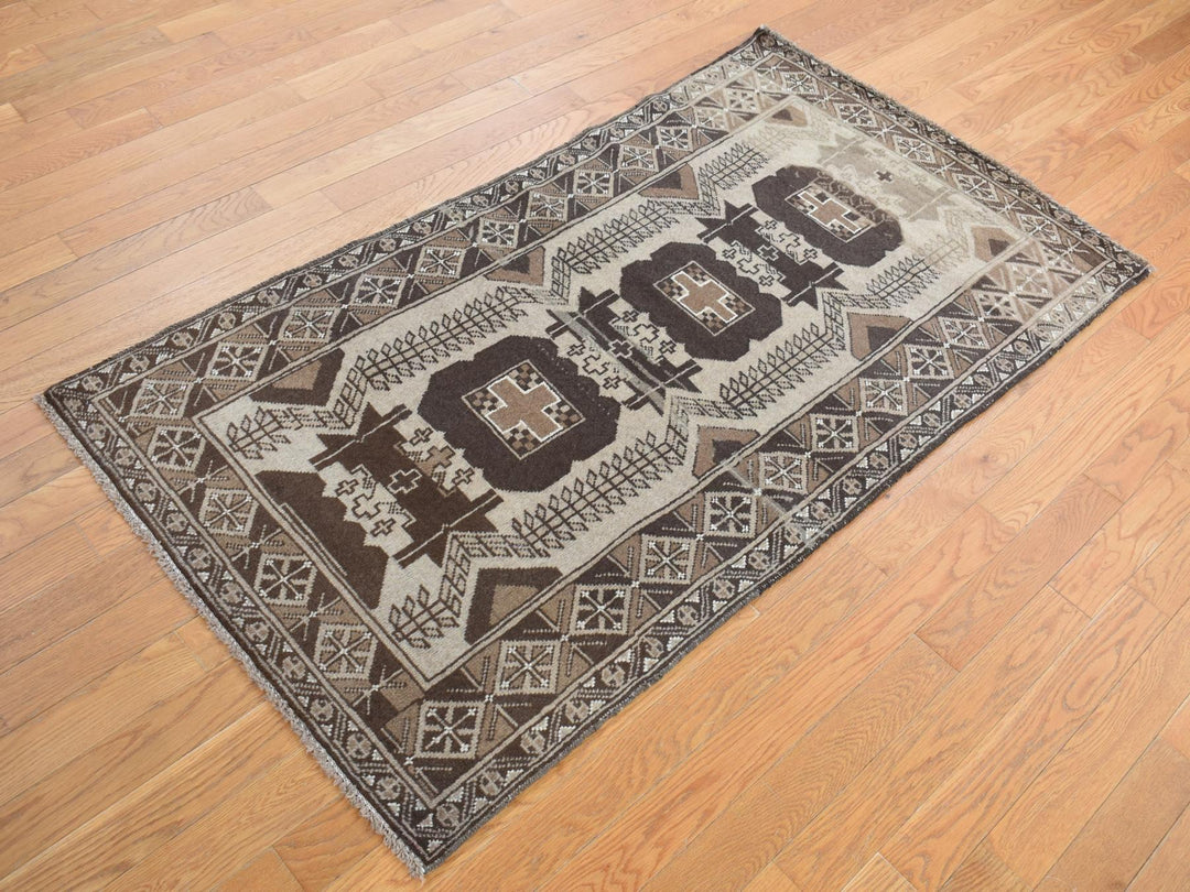 3'2" x 6'1" Vintage Hand Knotted Brown Wool Runner Oriental Rug - MOA10278054