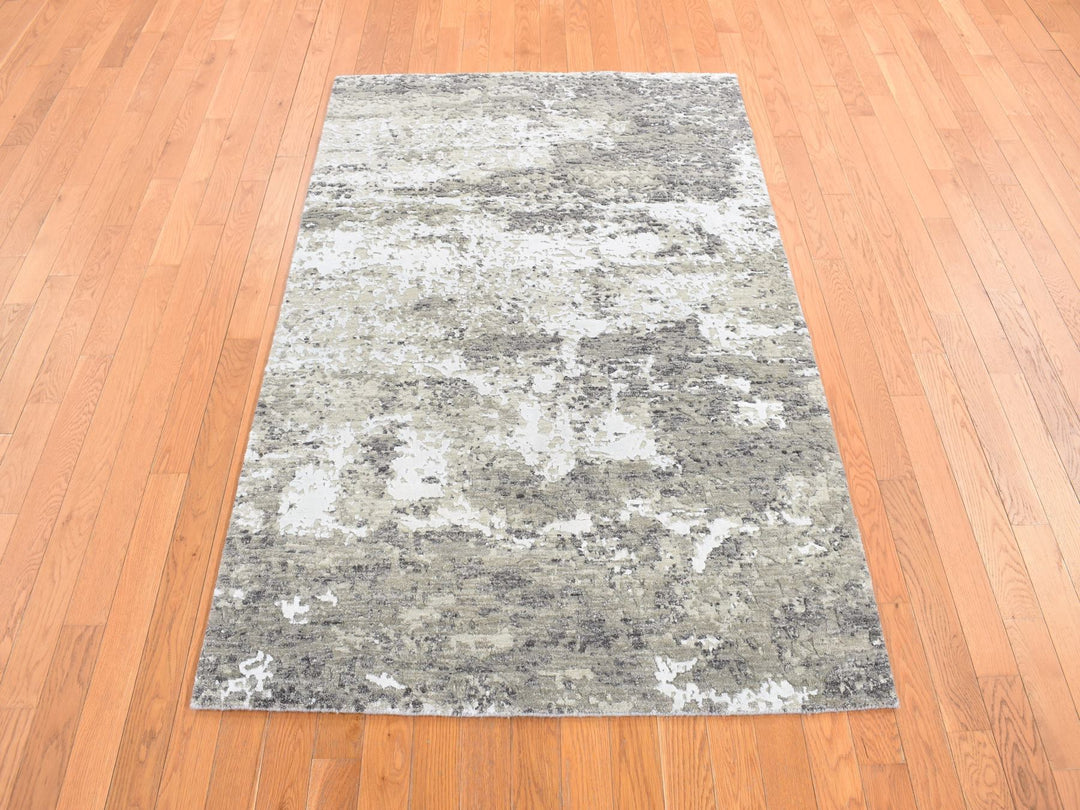 4'0" x 6'0" New Hand Knotted Green Wool & Silk Rectangle Oriental Rug - MOA10278078