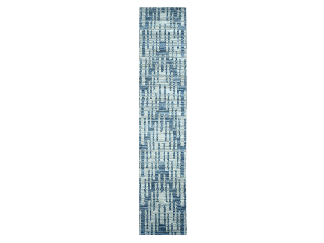2'6" x 12'3" New Hand Knotted Blue Wool & Silk Runner Oriental Rug - MOA10278096