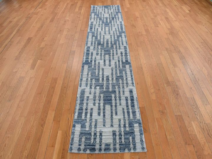 2'6" x 12'3" New Hand Knotted Blue Wool & Silk Runner Oriental Rug - MOA10278096