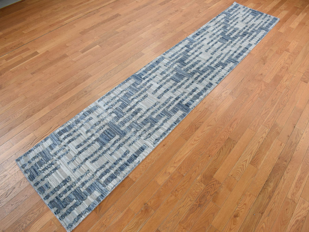 2'6" x 12'3" New Hand Knotted Blue Wool & Silk Runner Oriental Rug - MOA10278096
