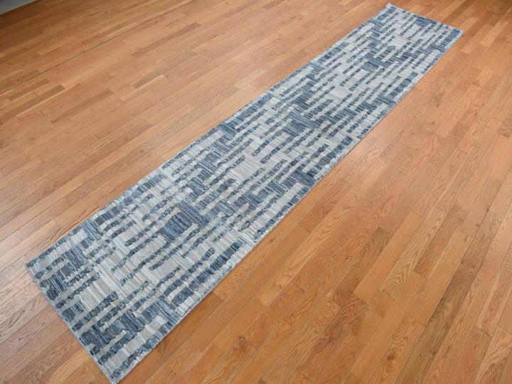 2'6" x 12'3" New Hand Knotted Blue Wool & Silk Runner Oriental Rug - MOA10278096