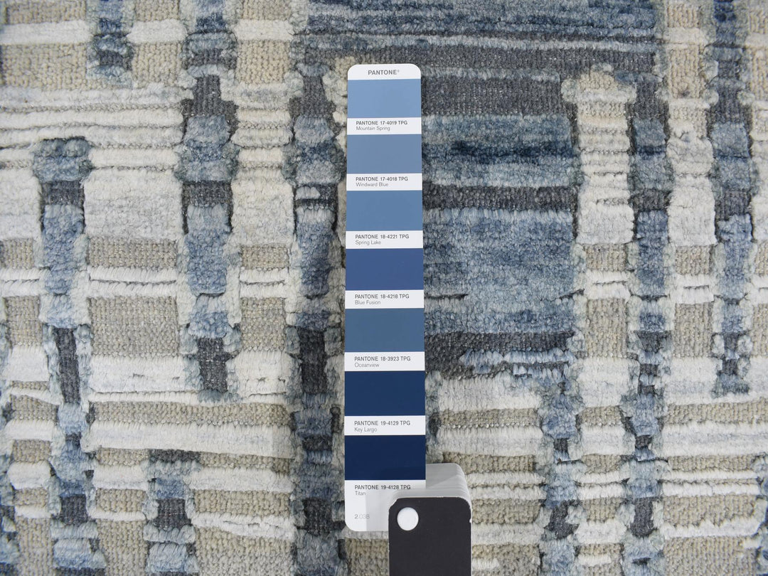 2'6" x 12'3" New Hand Knotted Blue Wool & Silk Runner Oriental Rug - MOA10278096