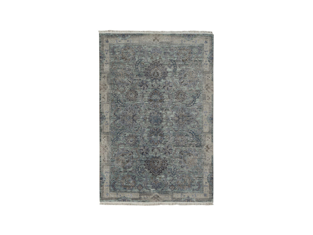 6'0" x 9'1" New Hand Knotted Green Wool & Silk Rectangle Oriental Rug - MOA10278110
