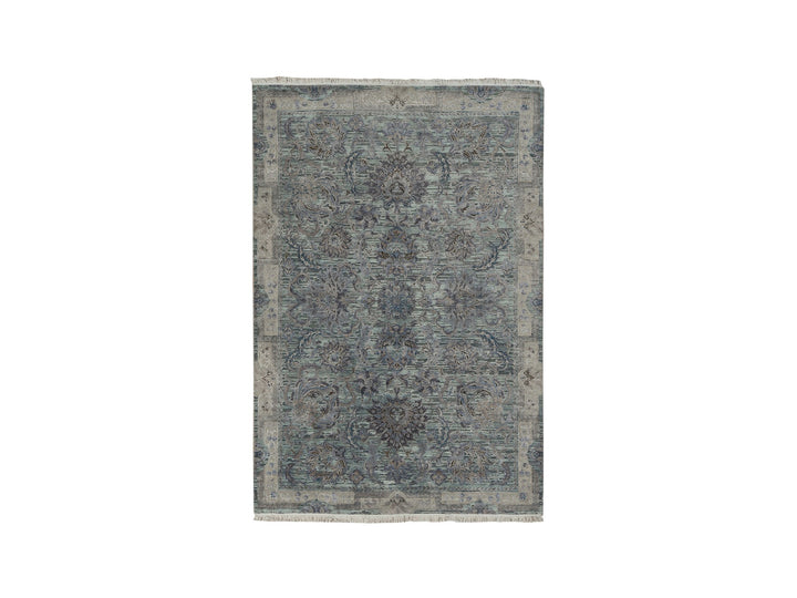 6'0" x 9'1" New Hand Knotted Green Wool & Silk Rectangle Oriental Rug - MOA10278110