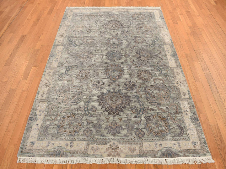 6'0" x 9'1" New Hand Knotted Green Wool & Silk Rectangle Oriental Rug - MOA10278110