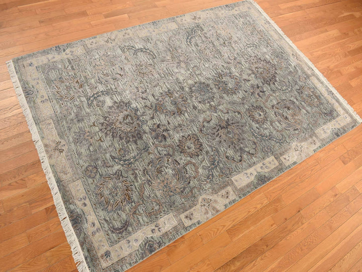 6'0" x 9'1" New Hand Knotted Green Wool & Silk Rectangle Oriental Rug - MOA10278110