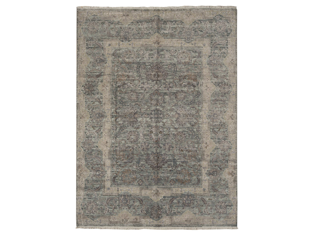 8'10" x 11'10" New Hand Knotted Green Wool & Silk Rectangle Oriental Rug - MOA10278111