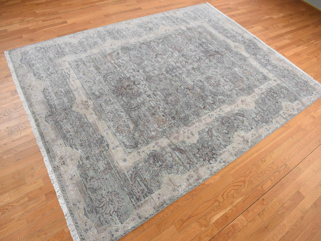 8'10" x 11'10" New Hand Knotted Green Wool & Silk Rectangle Oriental Rug - MOA10278111