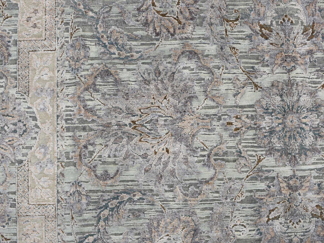 8'10" x 11'10" New Hand Knotted Green Wool & Silk Rectangle Oriental Rug - MOA10278111