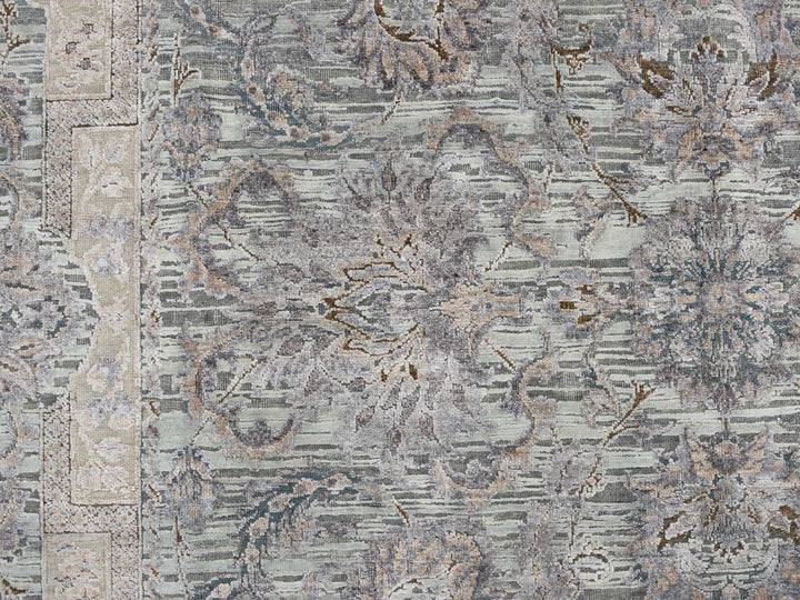 8'10" x 11'10" New Hand Knotted Green Wool & Silk Rectangle Oriental Rug - MOA10278111