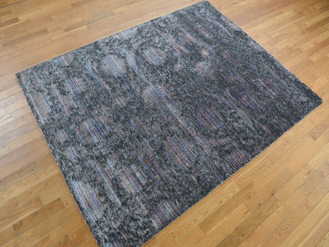 5'9" x 7'10" New Hand Knotted Black Wool & Silk Rectangle Oriental Rug - MOA10278112