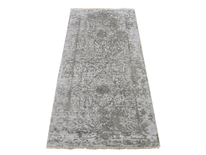 2'7" x 6'0" New Hand Knotted Grey Wool & Silk Runner Oriental Rug - MOA10278117
