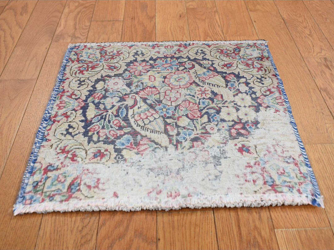 1'5" x 1'6" Vintage Hand Knotted Blue Wool Square Oriental Rug - MOA10278121