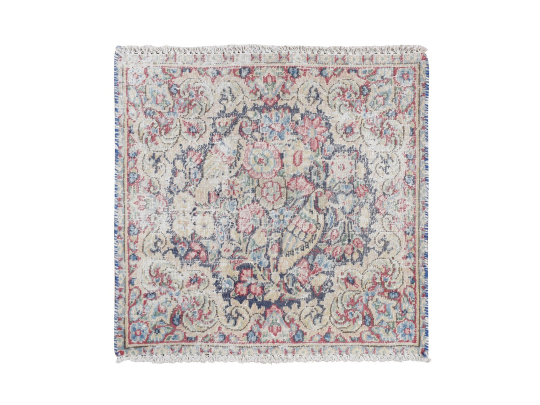 1'7" x 1'7" Vintage Hand Knotted Blue Wool Square Oriental Rug - MOA10278123