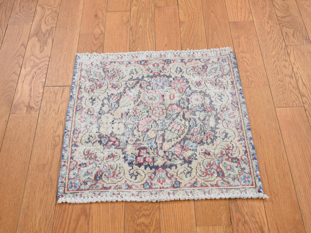 1'7" x 1'7" Vintage Hand Knotted Blue Wool Square Oriental Rug - MOA10278123