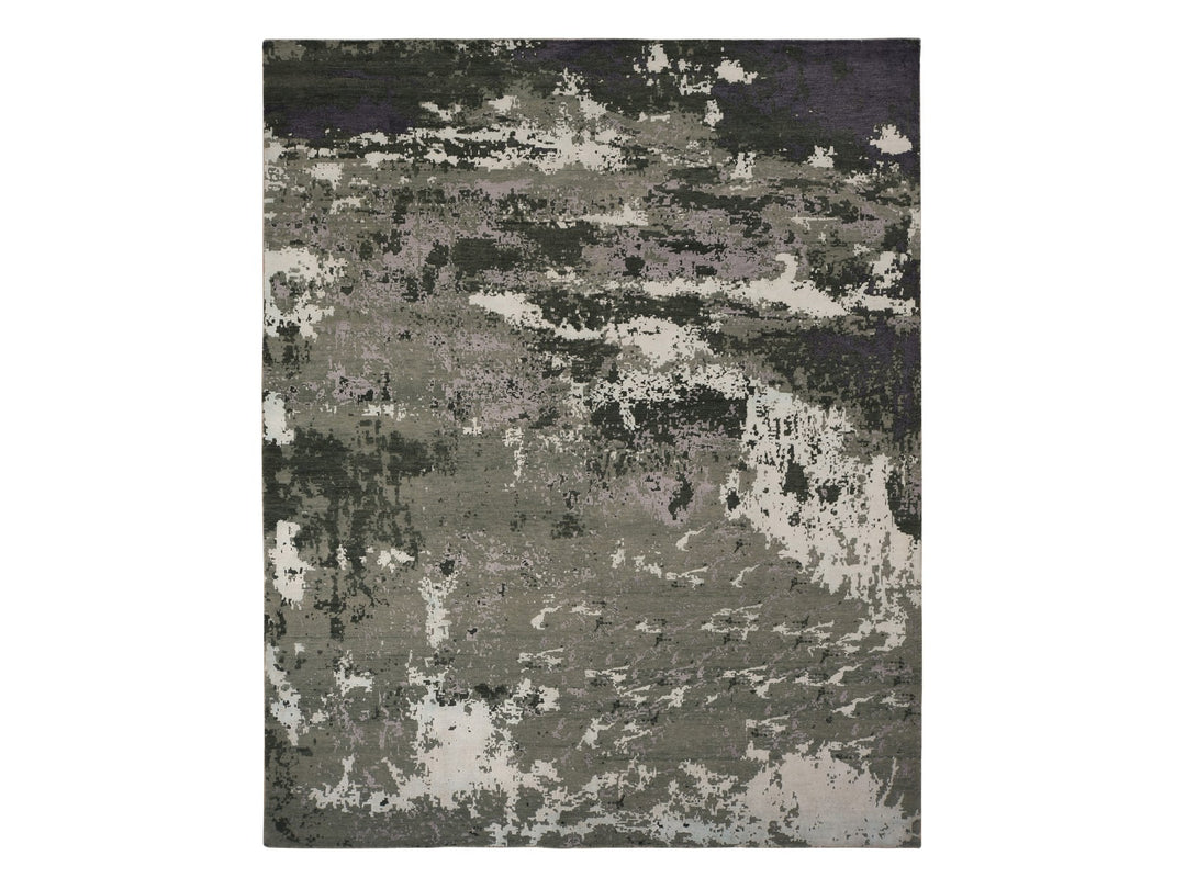 8'0" x 9'10" New Hand Knotted Grey Wool & Silk Rectangle Oriental Rug - MOA10278144