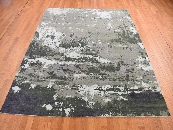 8'0" x 9'10" New Hand Knotted Grey Wool & Silk Rectangle Oriental Rug - MOA10278144