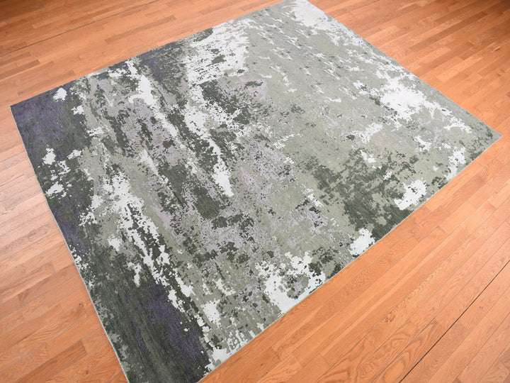 8'0" x 9'10" New Hand Knotted Grey Wool & Silk Rectangle Oriental Rug - MOA10278144