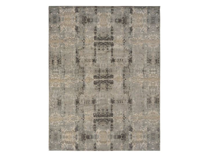 9'0" x 11'7" New Hand Knotted Grey Wool & Silk Rectangle Oriental Rug - MOA10278146