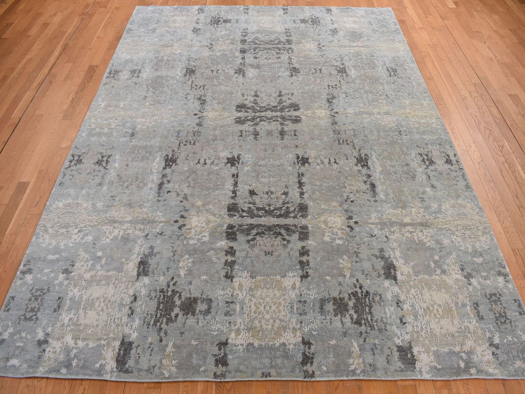 9'0" x 11'7" New Hand Knotted Grey Wool & Silk Rectangle Oriental Rug - MOA10278146