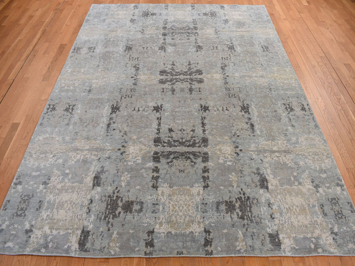 9'0" x 11'7" New Hand Knotted Grey Wool & Silk Rectangle Oriental Rug - MOA10278146