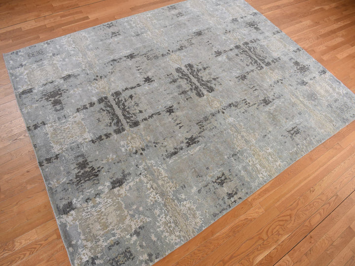 9'0" x 11'7" New Hand Knotted Grey Wool & Silk Rectangle Oriental Rug - MOA10278146