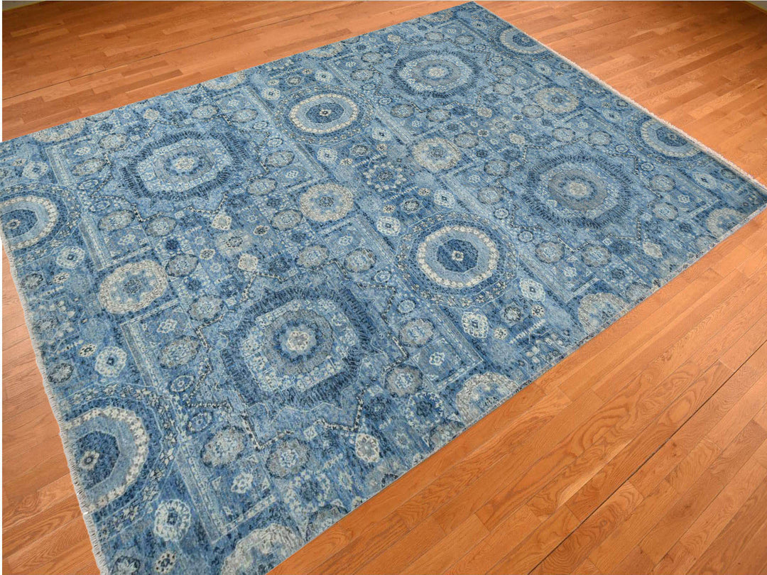 9'0" x 12'4" New Hand Knotted Blue Silk Rectangle Oriental Rug - MOA10278147