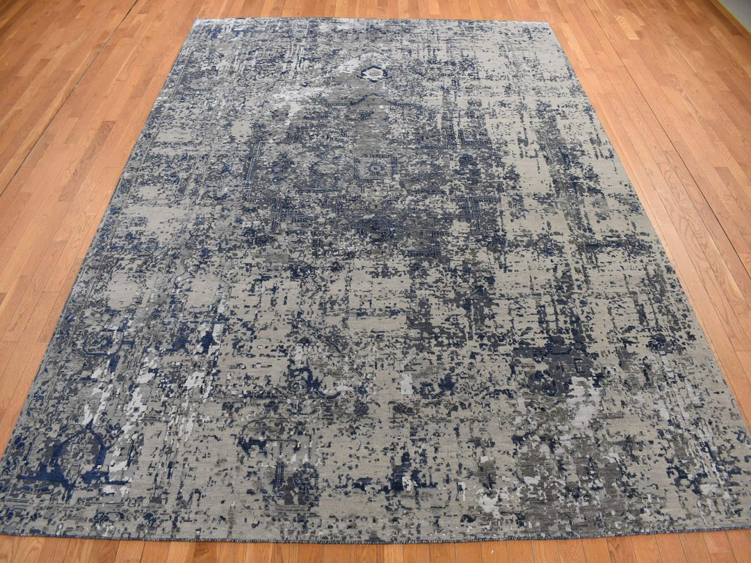 9'0" x 12'0" New Hand Knotted Blue Wool & Silk Rectangle Oriental Rug - MOA10278154
