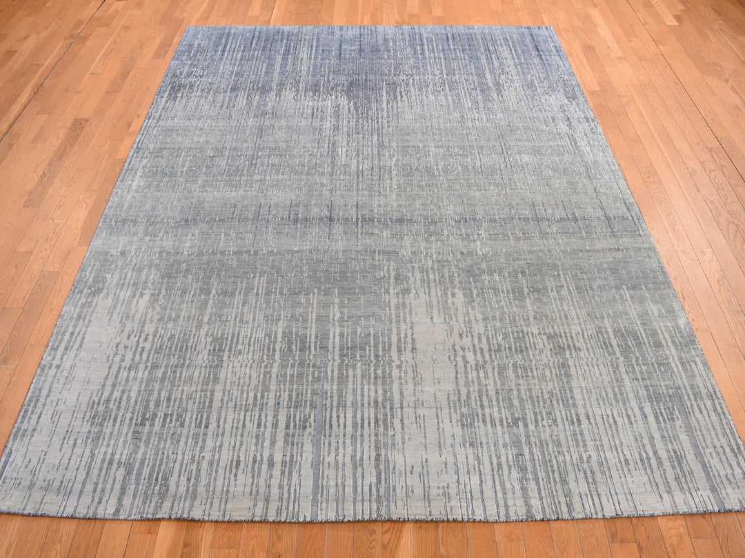 8'0" x 10'4" New Hand Knotted Grey Wool & Silk Rectangle Oriental Rug - MOA10278155