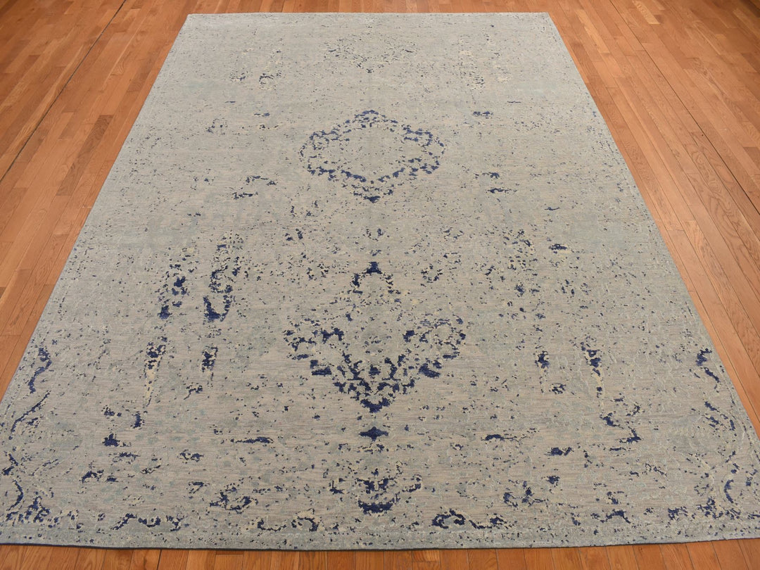 8'8" x 12'1" New Hand Knotted Blue Wool & Silk Rectangle Oriental Rug - MOA10278158