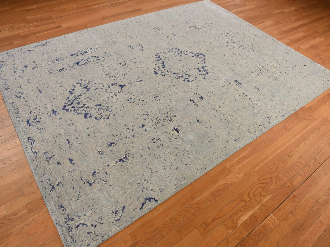 8'8" x 12'1" New Hand Knotted Blue Wool & Silk Rectangle Oriental Rug - MOA10278158
