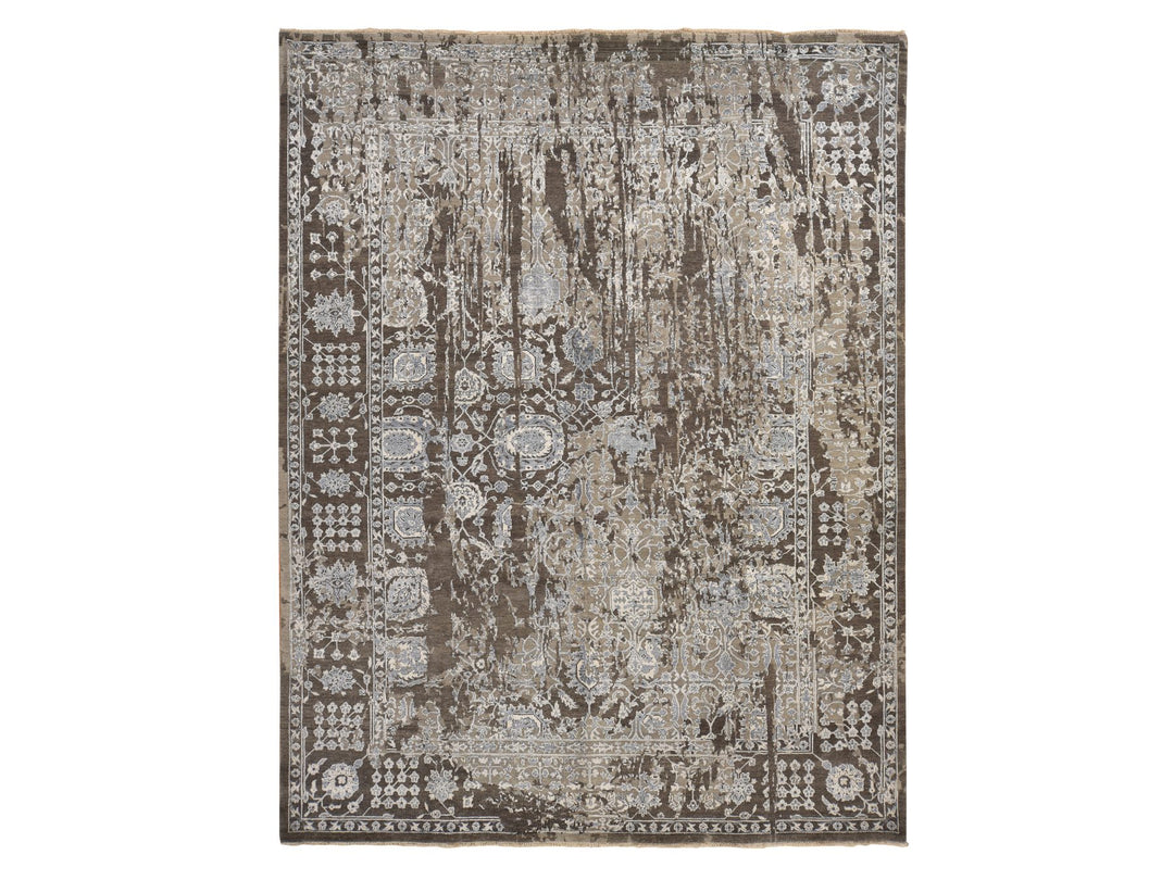 9'1" x 11'10" New Hand Knotted Brown Wool & Silk Rectangle Oriental Rug - MOA10278176