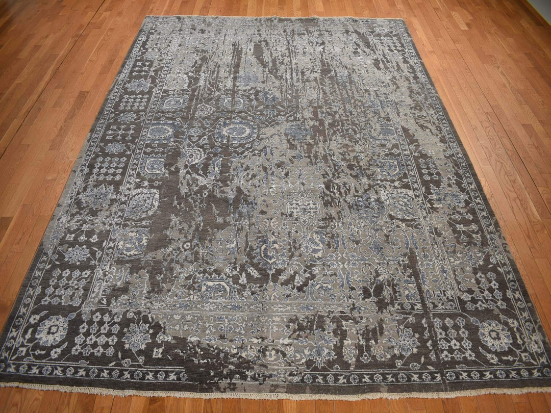 9'1" x 11'10" New Hand Knotted Brown Wool & Silk Rectangle Oriental Rug - MOA10278176