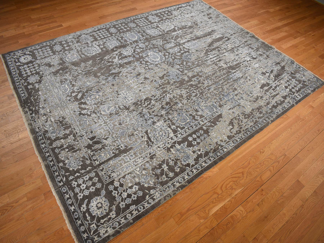 9'1" x 11'10" New Hand Knotted Brown Wool & Silk Rectangle Oriental Rug - MOA10278176