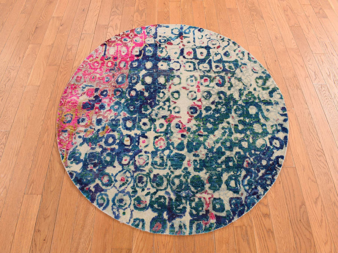 4'0" x 4'0" New Hand Knotted Blue Sari Silk Round Oriental Rug - MOA10278182
