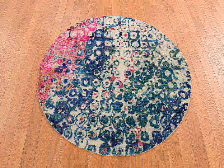 4'0" x 4'0" New Hand Knotted Blue Sari Silk Round Oriental Rug - MOA10278182