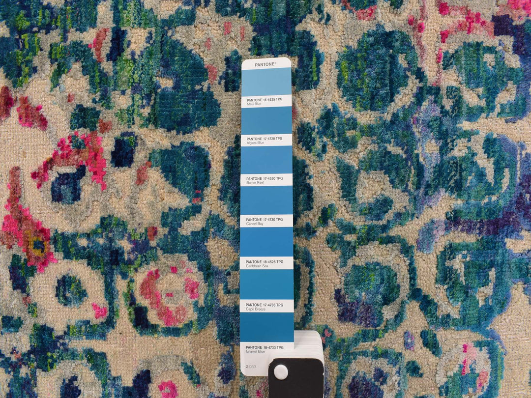 4'0" x 4'0" New Hand Knotted Blue Sari Silk Round Oriental Rug - MOA10278182