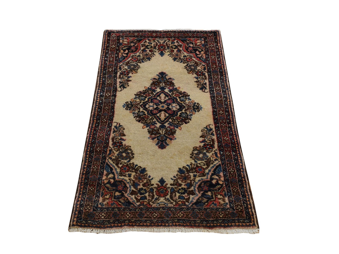 2'0" x 4'0" Vintage Hand Knotted Ivory Wool Rectangle Oriental Rug - MOA10278193