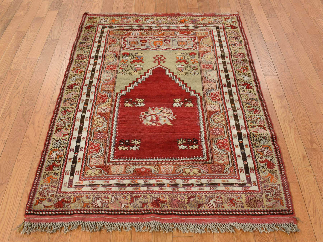 3'5" x 5'0" Vintage Hand Knotted Red Wool Rectangle Oriental Rug - MOA10278203