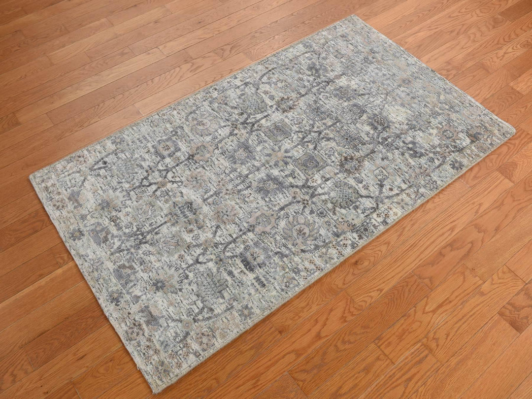 3'0" x 5'2" New Hand Knotted Ivory Wool & Silk Rectangle Oriental Rug - MOA10278244