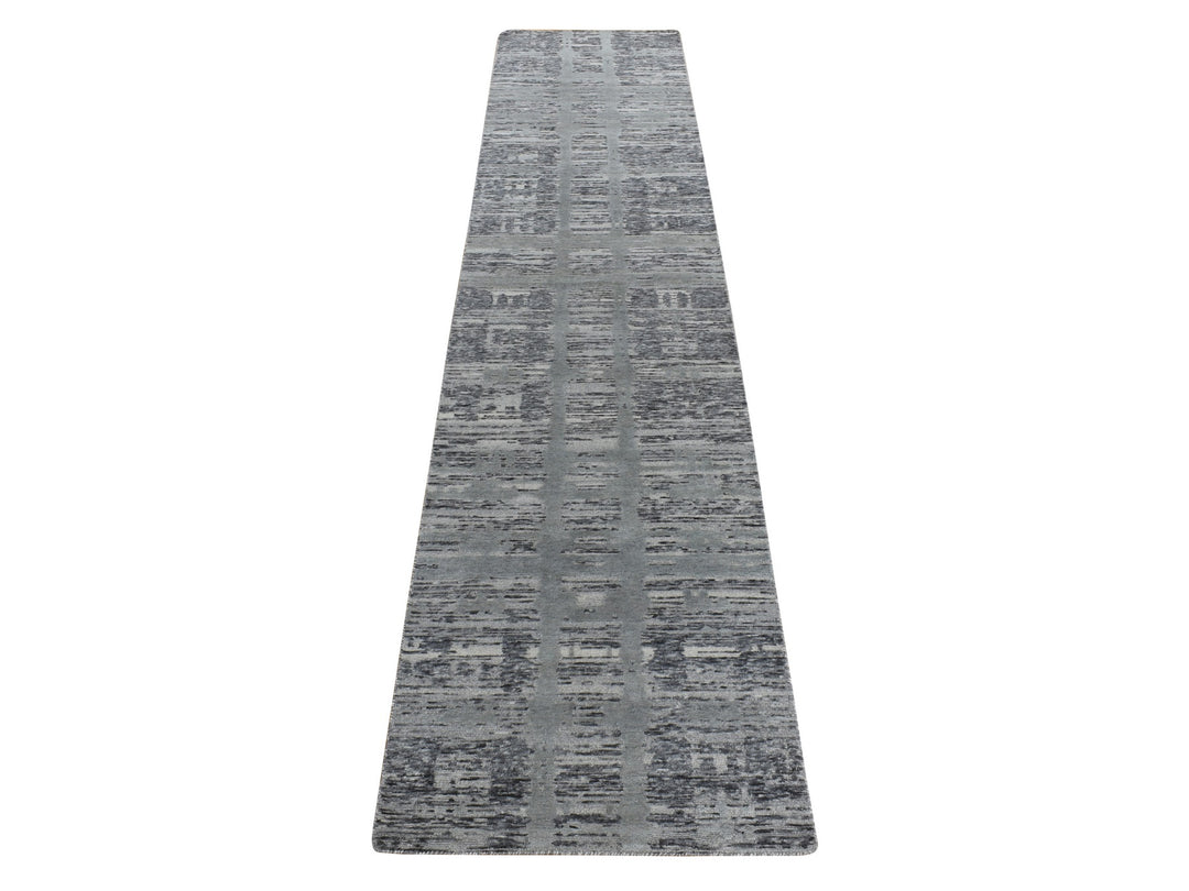 2'7" x 12'1" New Hand Knotted Grey Wool Runner Oriental Rug - MOA10278246
