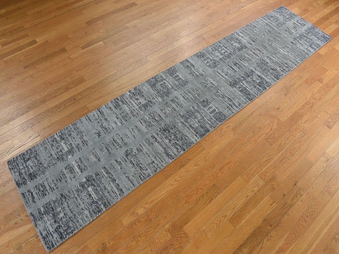 2'7" x 12'1" New Hand Knotted Grey Wool Runner Oriental Rug - MOA10278246