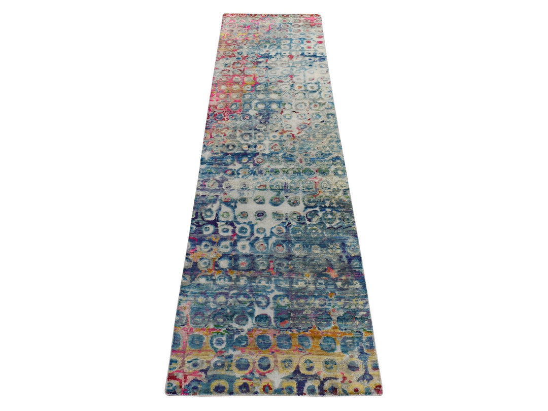 2'7" x 10'2" New Hand Knotted Blue Sari Silk Runner Oriental Rug - MOA10278249